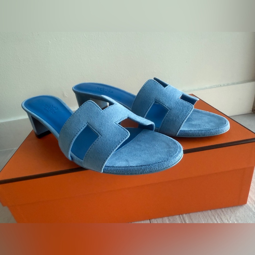 Hermes Bleu Cameo Oasis Sandals Velvet Goat size 37 - Picture 11 of 12